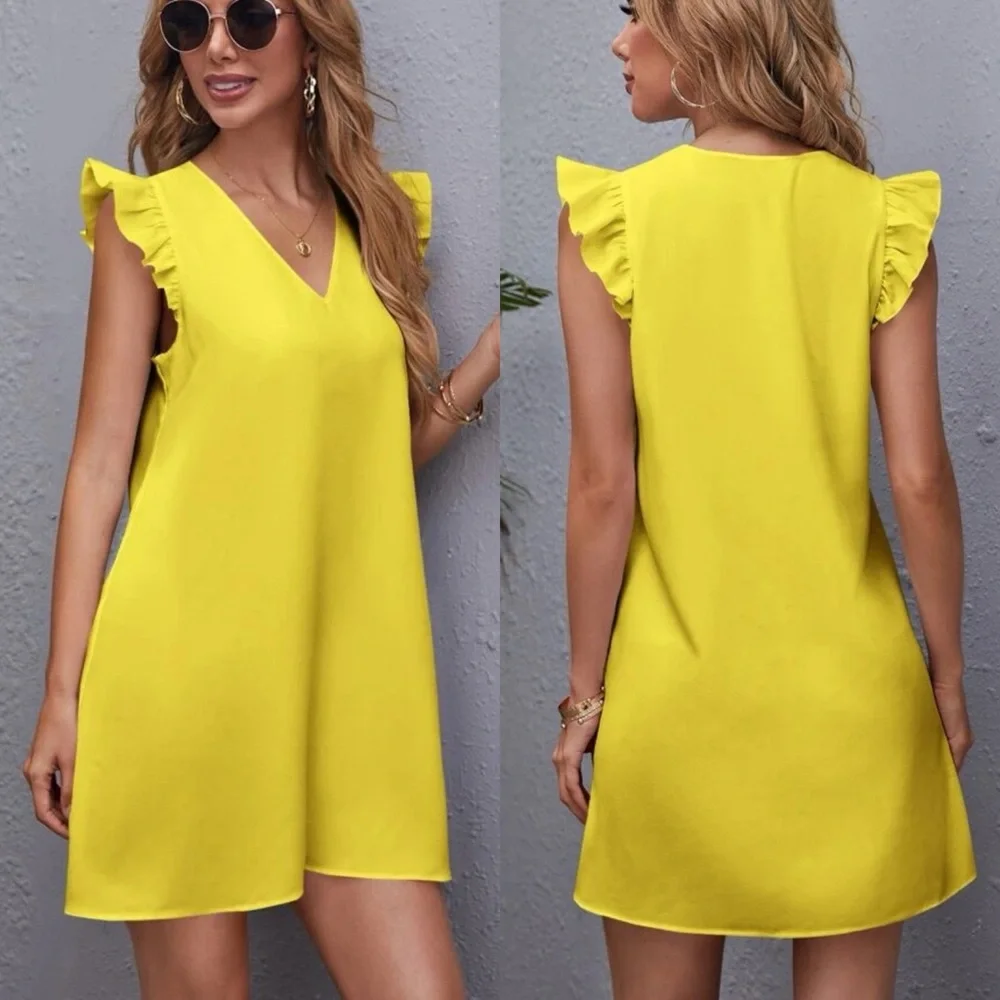 Ruffle tank sleeveless v neck solid tunic dress yellow - Picture 1 of 5